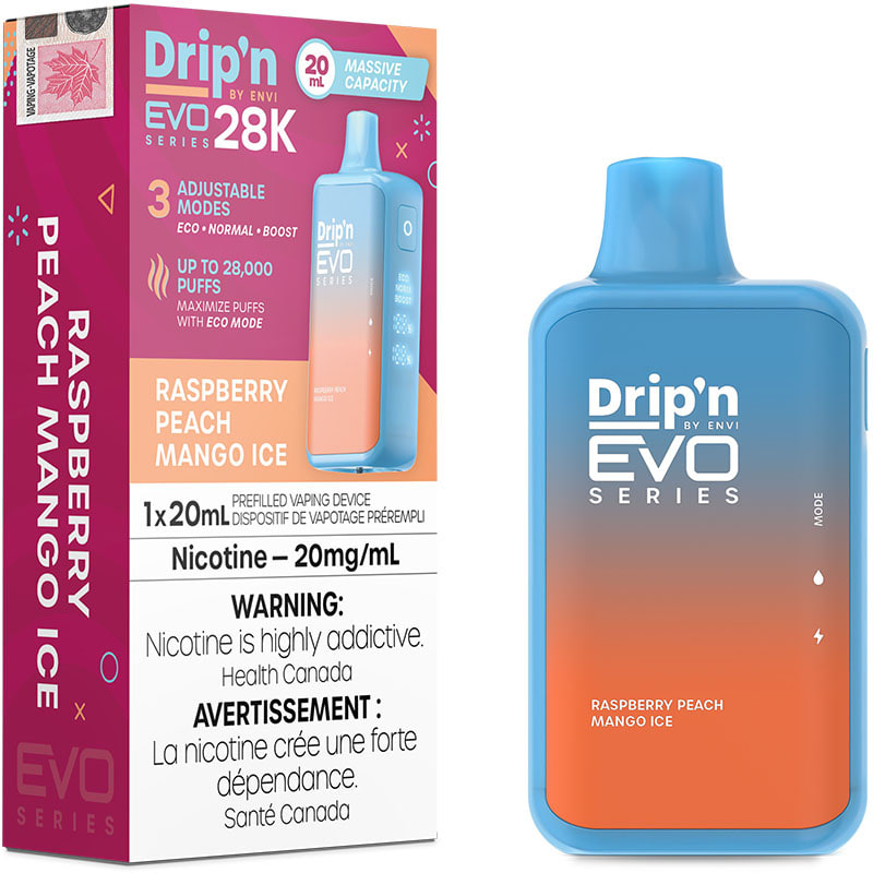 Drip'n EVO 28K Disposable Vape: Raspberry Peach Mango Ice 