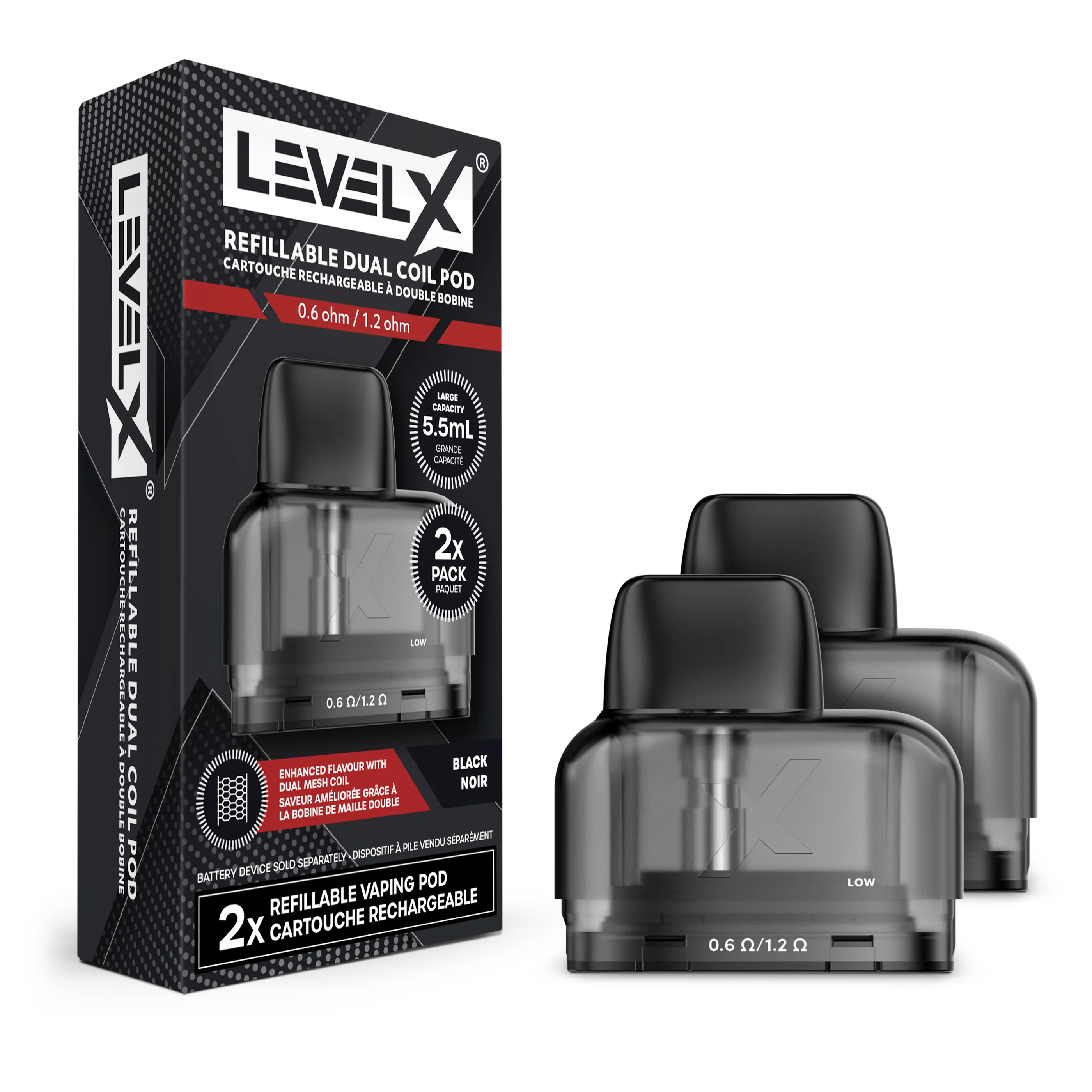 Level X - Refillable Dual Coil Pod 5.5mL 0.6/1.2ohm 2/Pk